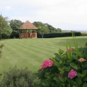 Amanzi Breeze House in a garden with mowed grass and pink hydrangeas