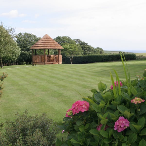 Amanzi Breeze House in a garden with mowed grass and pink hydrangeas