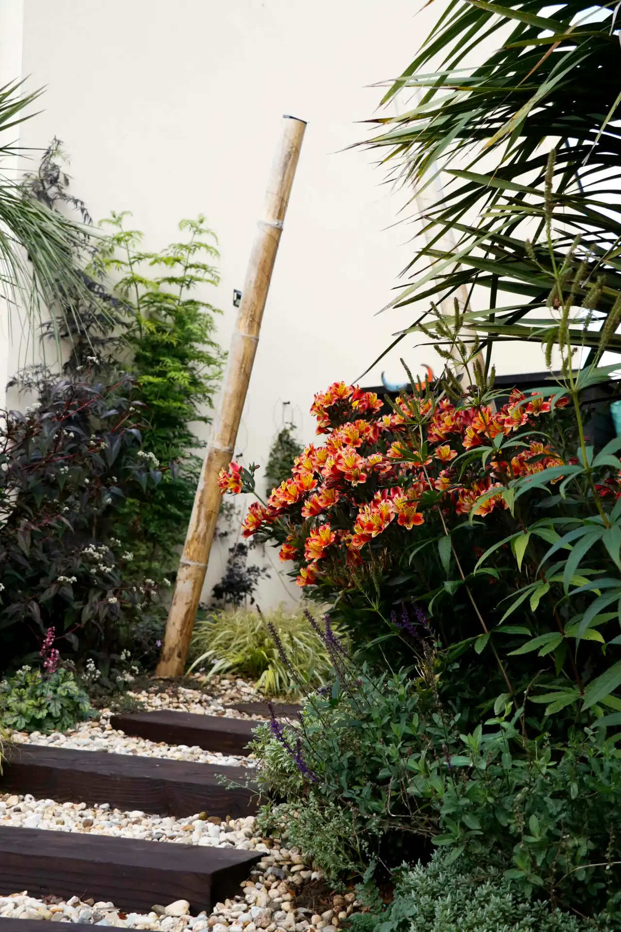 wooden steps surrounded by gravel in garden