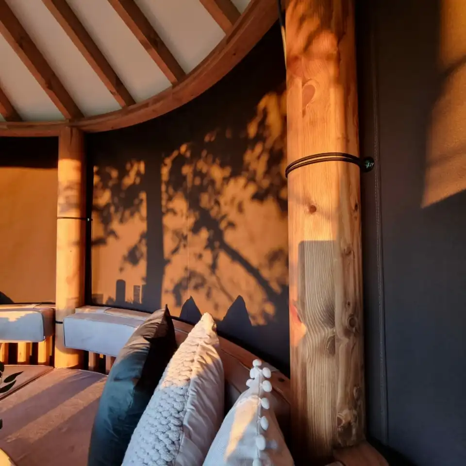 breeze house gazebo with shadows of surrounding plants and trees seen on closed canvas panels