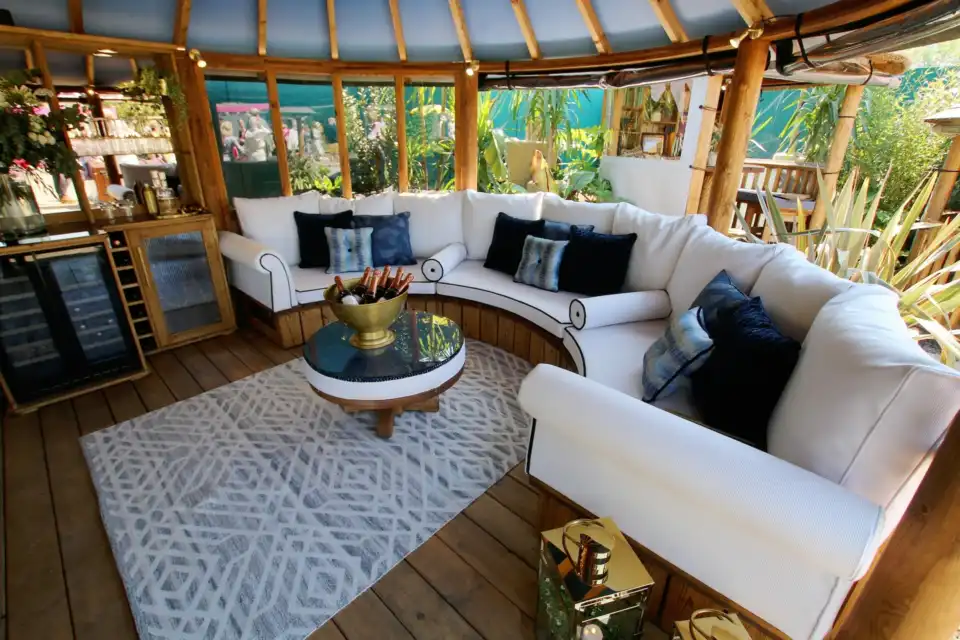 seating inside breeze house celebration styled for RHS chelsea 2024